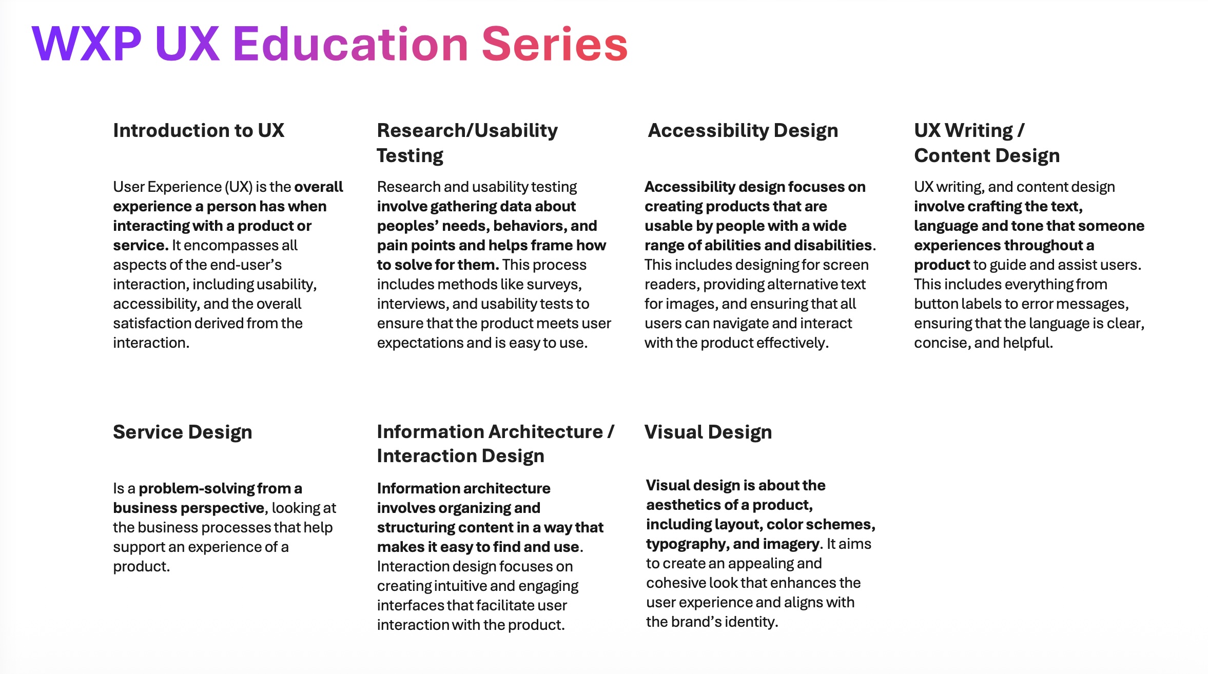 UX education series overview covering research, accessibility, content, interaction, and visual design