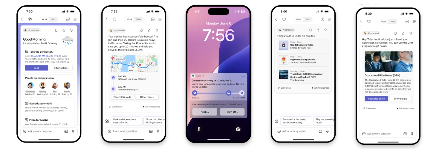 Five-phone storyboard of an AI-supported workplace day