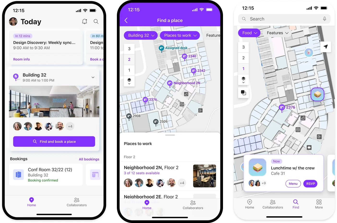 Three Microsoft Places workplace-planning screens